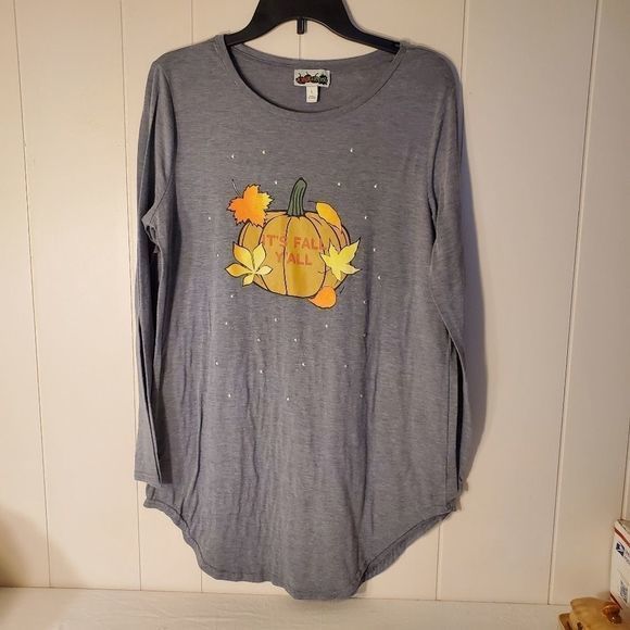It's Fall Y'all Pumpkin Leaves Long Sleeve T-Shirt Women's Top Grayv Large - Picture 2 of 7